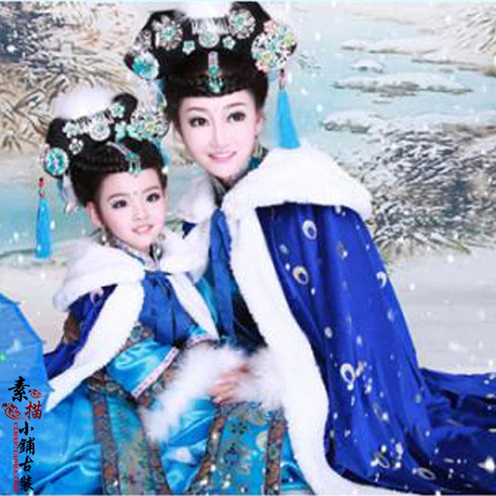 

Han Jiang Qu Blue Qing Dynasty Princess Winter Costume with Fur Cloak Qifu Mum and Daughter Parent-Child Hanfu Set