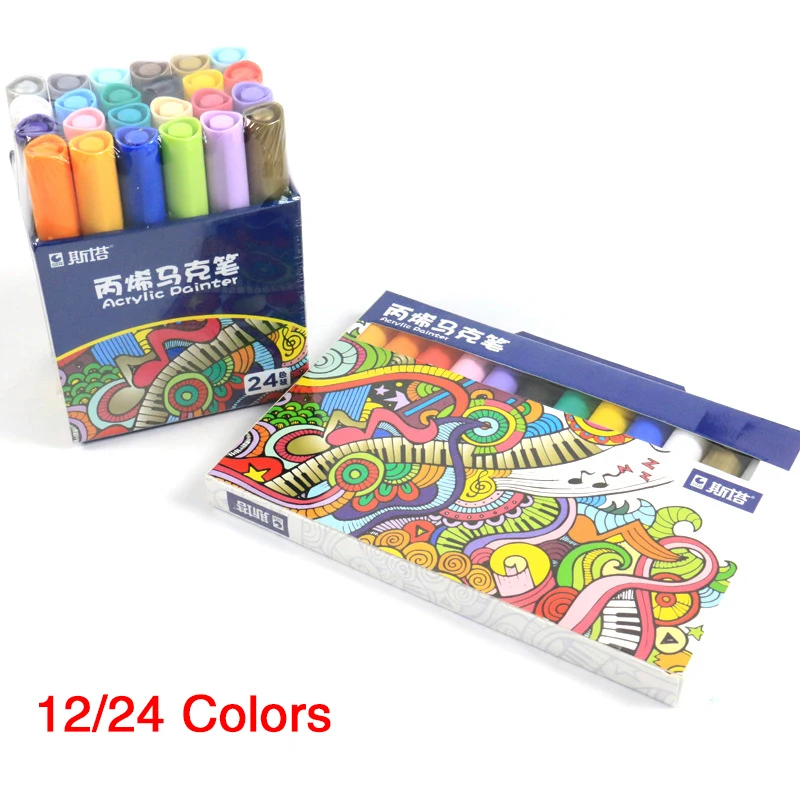 

12/24 Colors Acrylic Medium Tip Paint Markers Set of 24 Colors for Rock Art Glass Painting Ceramic Porcelain Metal Wood Fabric