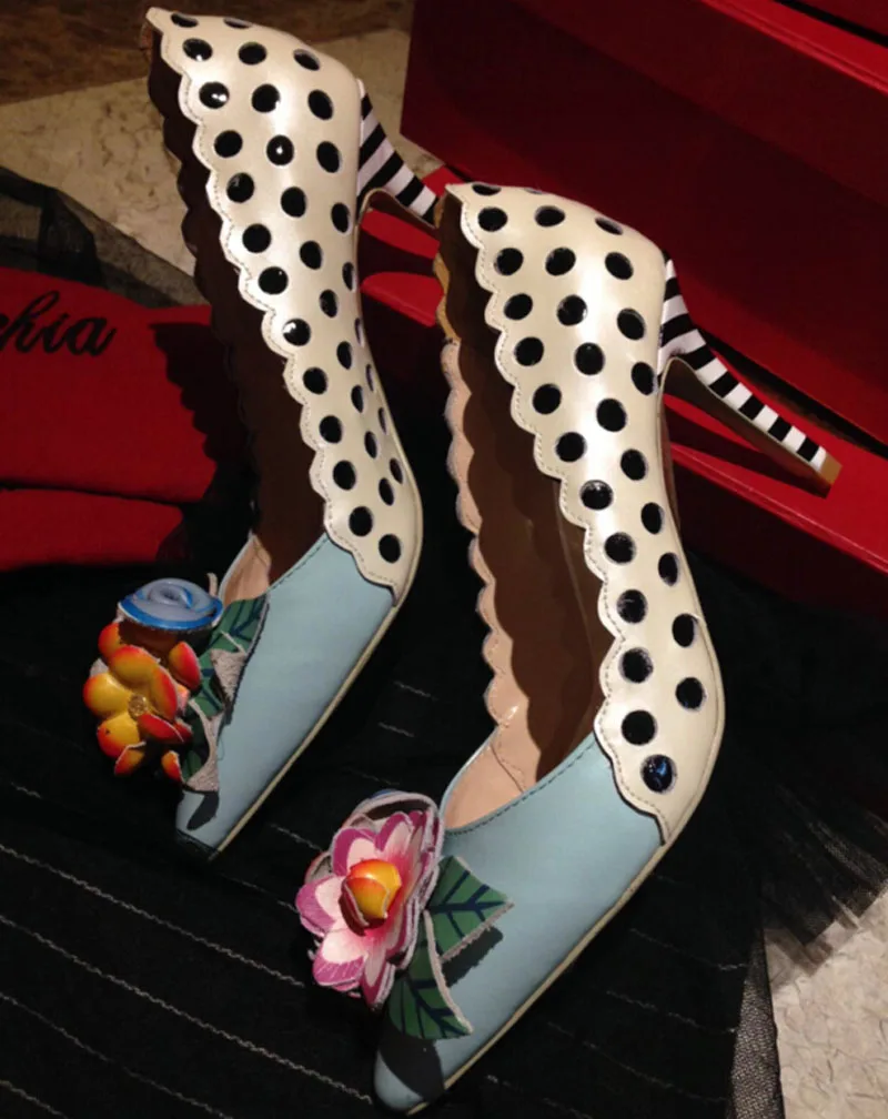 Beauty Bright Colors Flowers Leaves Sandals Ankle Strap Woman Polka Dot Stripe Stiletto High Heel Summer Party Sandalia Shoes