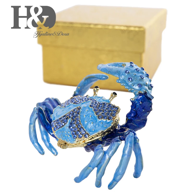 H&D Hand Painted Enameled and Jeweled Crab Trinket Box Ring Holder Hinged Jewelry Collectible Figurine with Gift Box