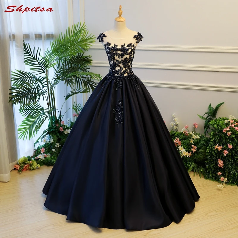 네이비 블루 푹신한 Quinceanera 드레스 2018 새틴 공주 볼 가운 Prom 달콤한 16 16 드레스 vestidos 드 15 anos