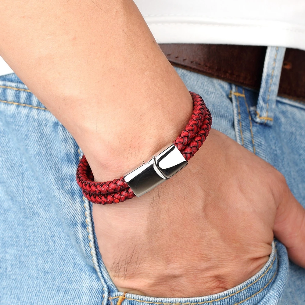 XQNI New Design Classic Vintage leather Stainless Steel Leather Men\'s Bracelet Steel Color Button Accessories Christmas Gifts