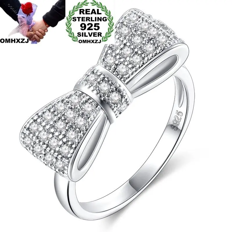 OMHXZJ Wholesale European Fashion Woman Girl Party Wedding Gift Silver White Bowknot AAA Zircon S925 Sterling Silver Ring RR302