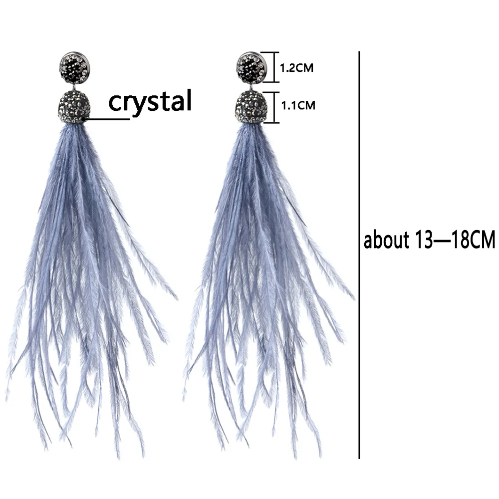 LFPU البوهيمي حقيقية النعامة ريشة أقراط طويلة كريستال الشرابة استرخى إسقاط أقراط مجوهرات للنساء مجوهرات الزفاف