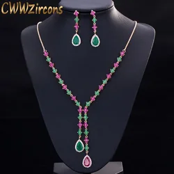 CWWZircons Beautiful Green and Red CZ Zirconia Stone Jewelry 4 Leaf Long Drop Party Necklace Earrings Sets for Women T225