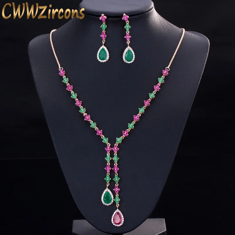 cwwzircons belo verde e vermelho cz zirconia pedra joias folha longa gota festa colar brincos conjuntos para as mulheres t225 01