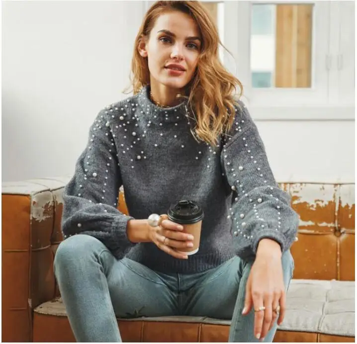 Winter knitted sweater Women Pearl Beading lantern sleeve loose gray pullover female Soft warm autumn casual jumper