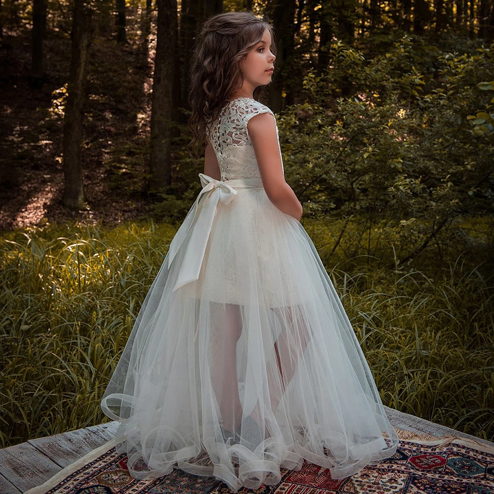 Robes à fleurs pour filles, robes de bal de première Communion personnalisées avec des Appliques en dentelle de haute qualité et des perles à manches courtes, nouvelle collection