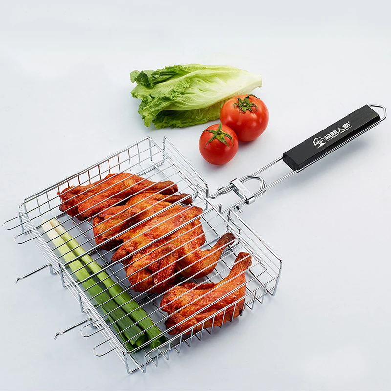 Barbecue Grilling Basket Wood handle Adjustable Folding BBQ Basket Steak Fish Corn Vegetable Grill Net Rack Mesh BBQ Accessories