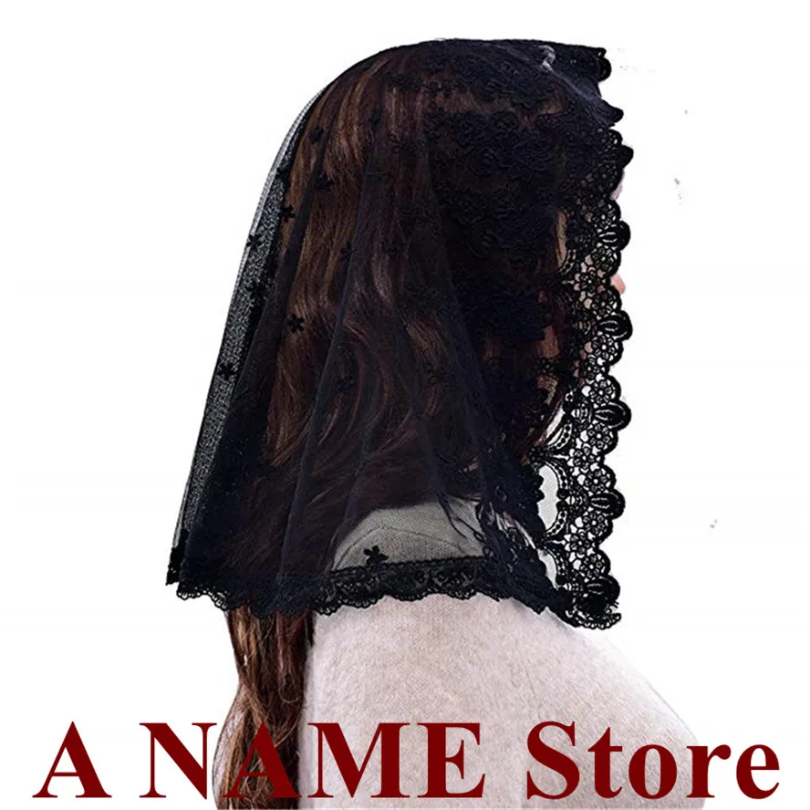 ISHSY Women Short Black Mantilla Veil for Church Vintage Catholic Veil Head Covering Scarf Latin Mass Velo Negra Voile Mantille