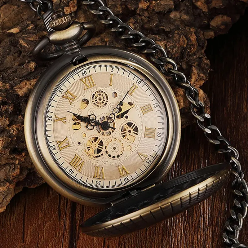 Unique Wood Circel Gear Dial Bronze Antique Mechanical Pocket Watch Men Vintage Engraved Fob Hand Wind Steampunk Watch Women