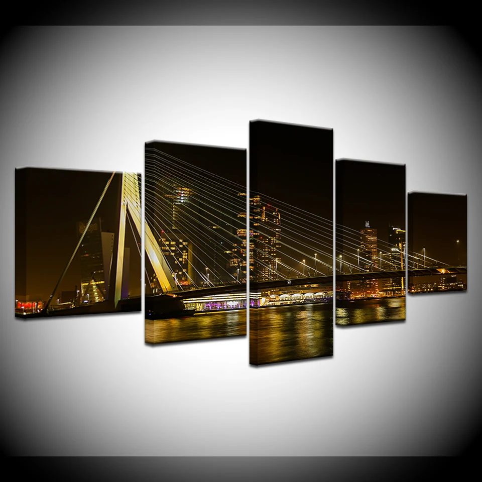 Canvas Painting City night view and bridge 5 Pieces Wall Art Painting Modular Wallpapers Poster Print for living room Home Decor