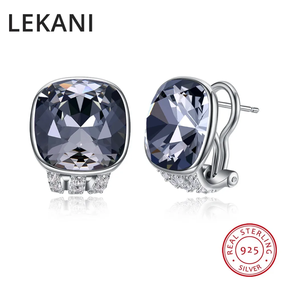 

LEKANI Crystals From Austria New Square Shaped Stud Earrings S925 Silver Piercing Vintage Fine Jewelry For Women Girls