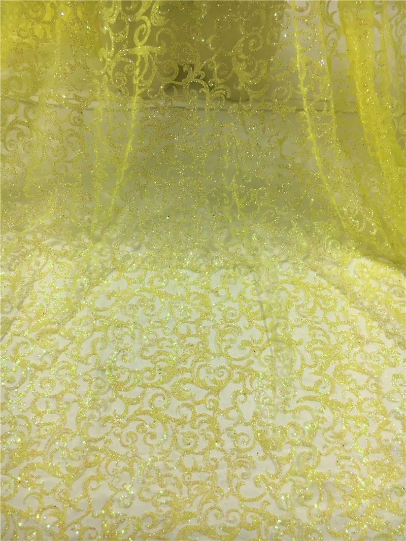 

Bright yellow color shining glued glitter sequins lace fabric african tulle mesh fabric for wedding dress/evening dress H-48