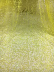 Bright yellow color shining glued glitter sequins lace fabric african tulle mesh fabric for wedding dress/evening dress  H-48