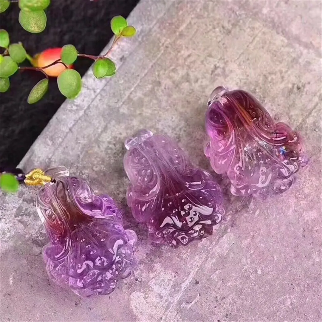 Natural Purple Citrine Chinese Cabbage Pendant bai lu lai cai Necklace Sweater Chain Handmade Carving a Generation of Fat