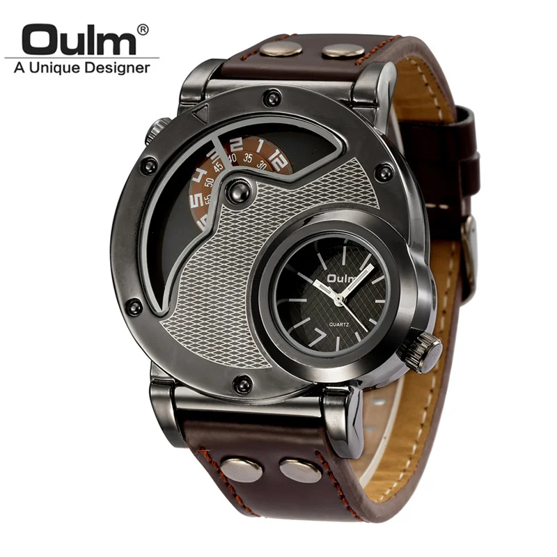 Oulm 9591 Antique Male Watch Two Time Zone Display Luxury Brand Men\'s Wristwatch Casual Leather Man Watch Quartz Clock