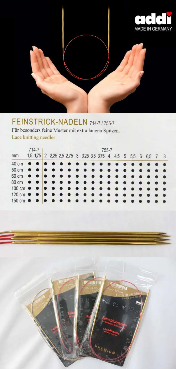 

Addi 775-7 60cm/80cm/100cm/120cm Fixed Circular Lace Knitting Needles Gold Tips 1.5mm 1.75mm 2.0mm 2.25mm 3.0mm 4MM 5MM 7MM 8MM