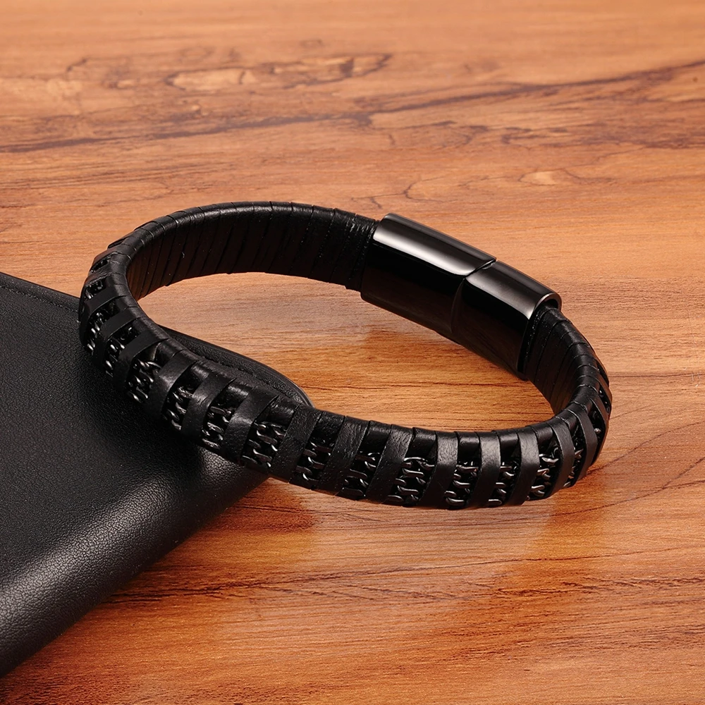 XQNI Simple Style Stainless Steel Chain Combination Leather Men Bracelets Jewelry 3 Colors For Birthday Party Personality Gift