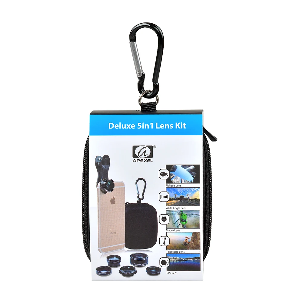 APEXEL Universele Clip 5 in 1 Fish Eye Groothoek Macro 2X Tele CPL Mobiele Telefoon Lens Voor iPhone Samsung xiaomi Telefoons DG5