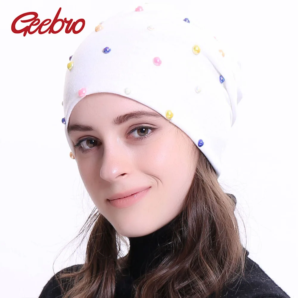 Geebro New Women's Beanie Hat 2020 Autumn Multicolor Pearl Slouchy Skullies Beanies for Female Womens Plain Balaclava Bonnet