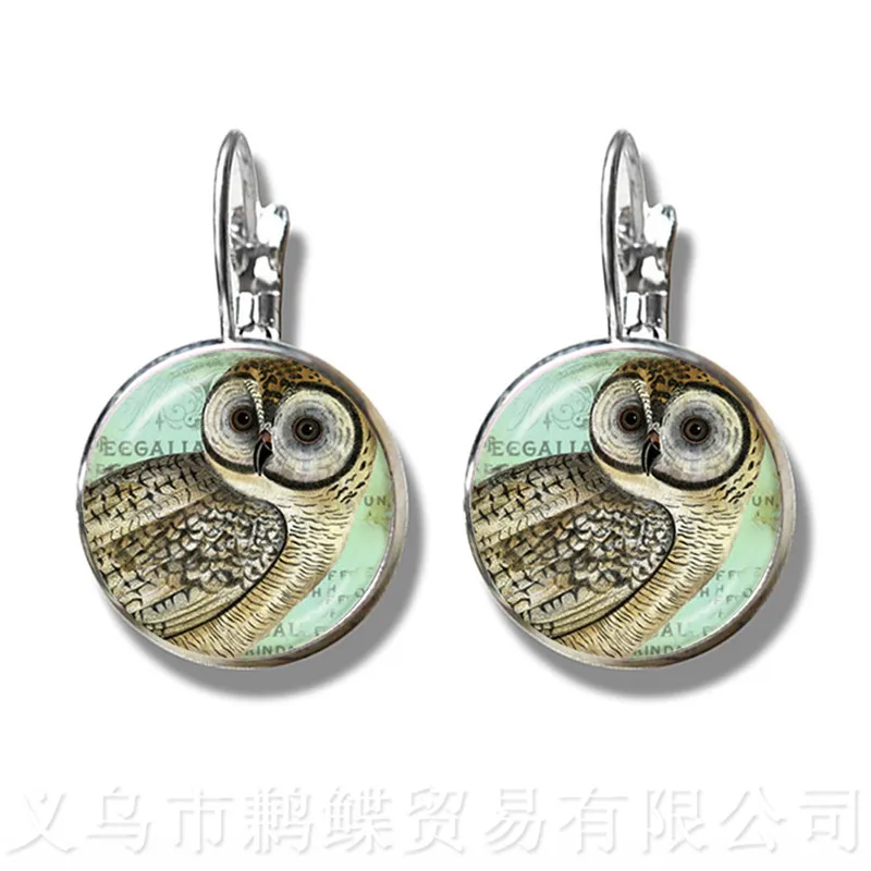 Owl Pattern Classic Stud Earrings Insect Art Picture 16mm Glass Cabochon Dome Silver Plated Earrings For Women Girls Gift