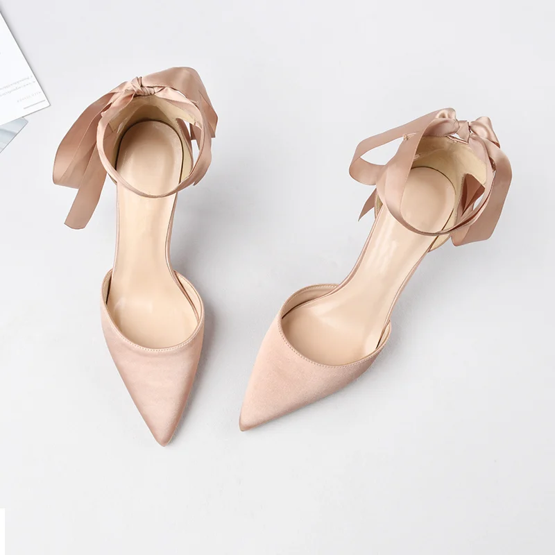 Big Size 41 42 Laides Silk And Satin Hight Heels Ribbon Bride Pointed Toe Wedding Lace Up Shoes   33 34