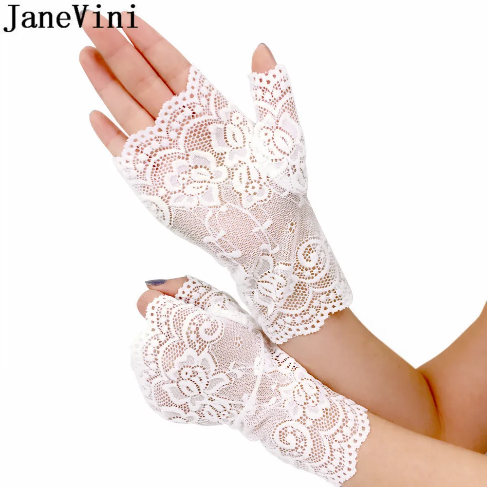 JaneVini Elegant Bridal Party Fingerless Wedding Gloves White Khaki Black Lace Gloves Brides Women Short Wrist Glove Gant Mariee