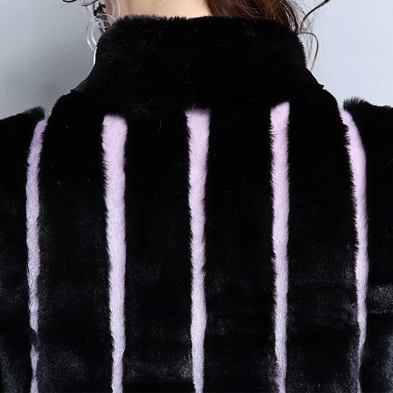 Nerazzurri Winter Fluffy Warm Long Faux Fur Coat Women Black and Purple Contrast Color Striped Patchwork Fake Fur Overcoat 2022