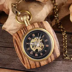 Square Wooden Mechanical Pocket Watch Chains Luxury Red Wooden Hand Winding Skeleton Fob Watches Men Women Clock Gifts Reloj