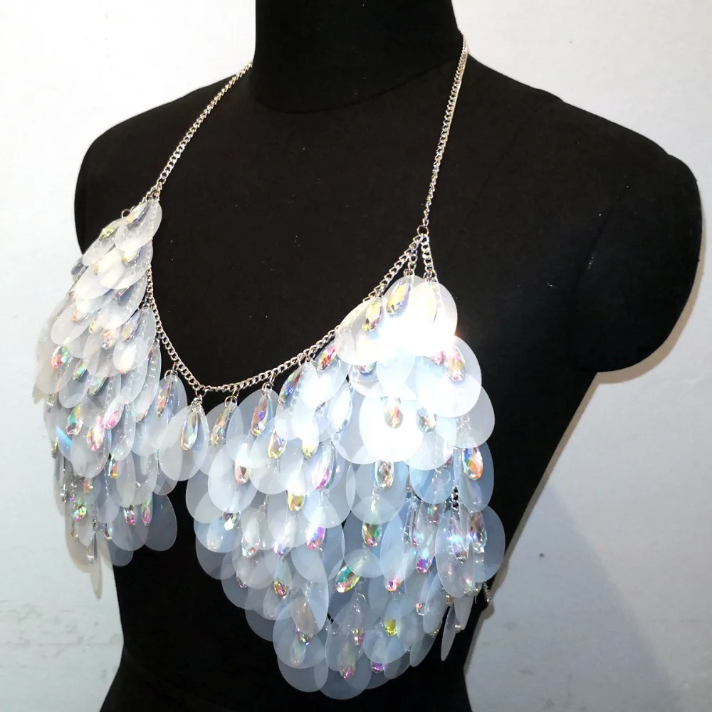 Sequins Disco Exotic Tanks Crop Top Beaded Belly Waist Chain Halter Necklace Rave Bra Festival Costume Wear Party Jewelry CRS606