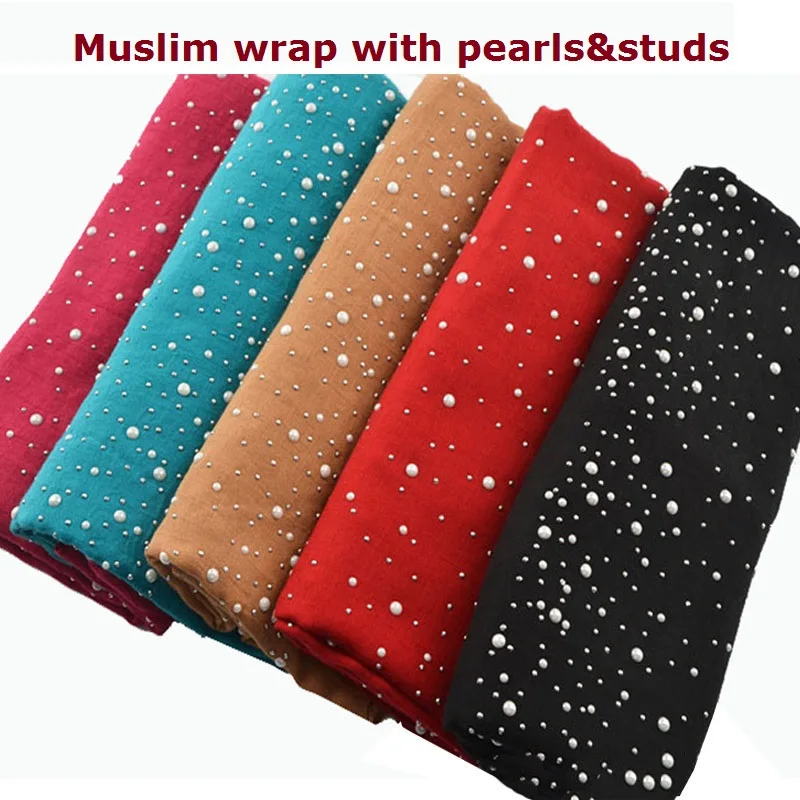 

Cotton Muslim Hijab New,Plain Pearls Head Wrap With Silver Studs,Shawls and Scarves,Cotton Solid Color Headband,Female Bandana