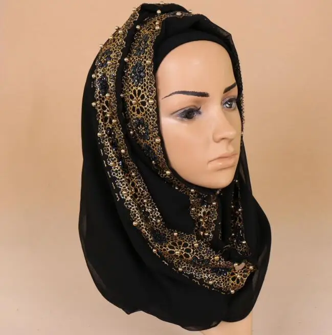 180*85cm women\'s lace chiffon silk gold beads scarf glitter floral plain hijab muslim pearl nice 9 color scarves/shawls