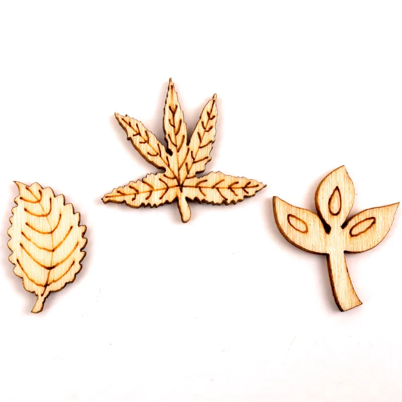 Home Decoration Handmade Accessory Scrapbooking Craft DIY Natural Flower Leaves Pattern Wooden Embellishment 24-30mm 50pcs