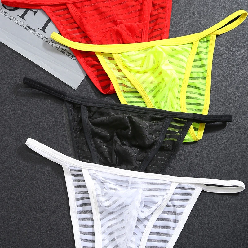 Underwear men Briefs Transparent Silk Striped Cueca Men Briefs Cheap Sexy Lingerie Sheer Slip Homme gay underwear 2019 hot Mens