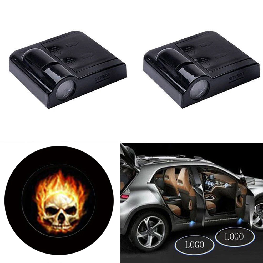 

2X Wireless Led Car Door Projector Lights Auto Courtesy Welcome Logo Shadow Lamp Laser Projection Magnet Sensor skull logo