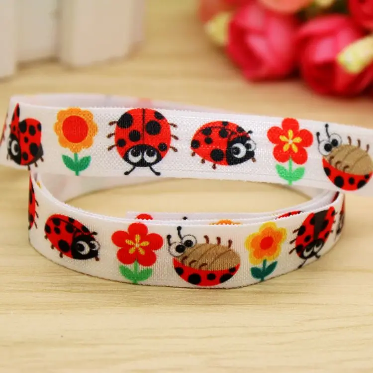 5/8''  Fold Elastic FOE ladybug printed headband headwear hairband diy decoration wholesale OEM P5886