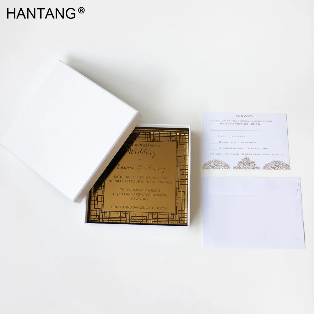 

Luxury Square Shape 150x150mm Engraved Golden Mirror Acrylic Wedding Invitation Card 100 Sets Per Lot