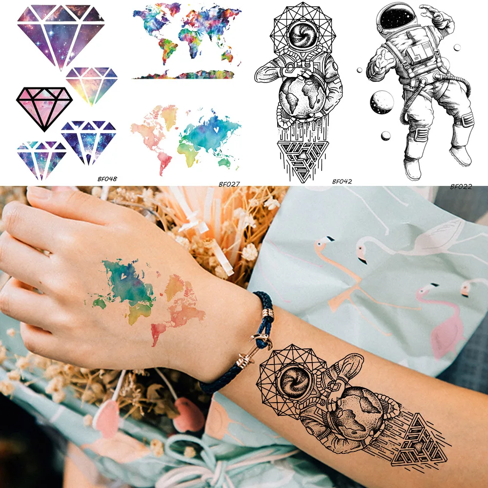 Baofuli Watercolor Geometric Diamond Temporary Tattoo Sticker Men Astronaut World Map Tattoo Starry Women Waterproof Fake Tatoos