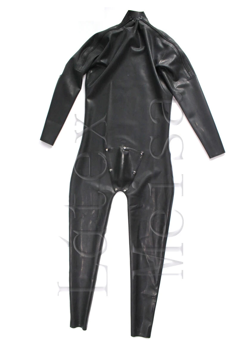 Novelty heavy 0.6mm thickness black Zentai latex catsuit with shoulder zips and JJ pe nis holes and codpiece for men