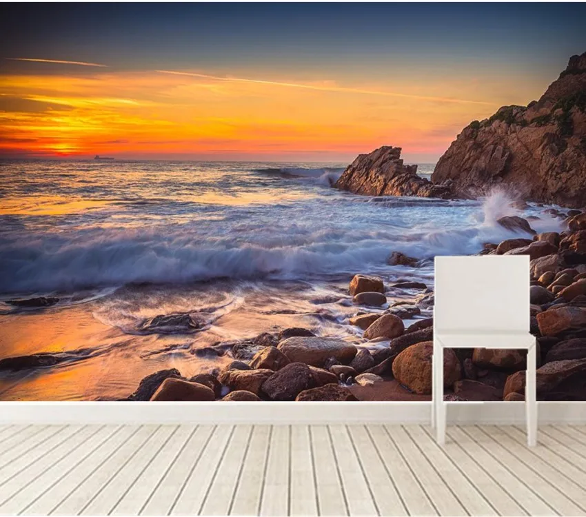 Custom large murals,Sunrises and sunsets Coast Waves Stones Nature wallpapers,living room sofa TV wall bedroom papel de parede