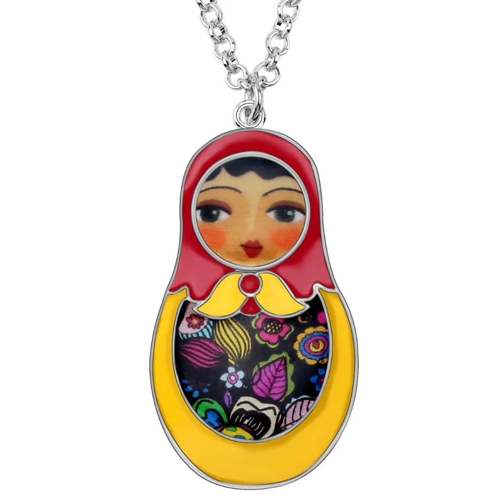 Bonsny Enamel Alloy Matryoshka Russian Doll Necklace Pendant Chain Choker Floral Ethnic Jewelry For Women Girls Teens Gift Party image 4