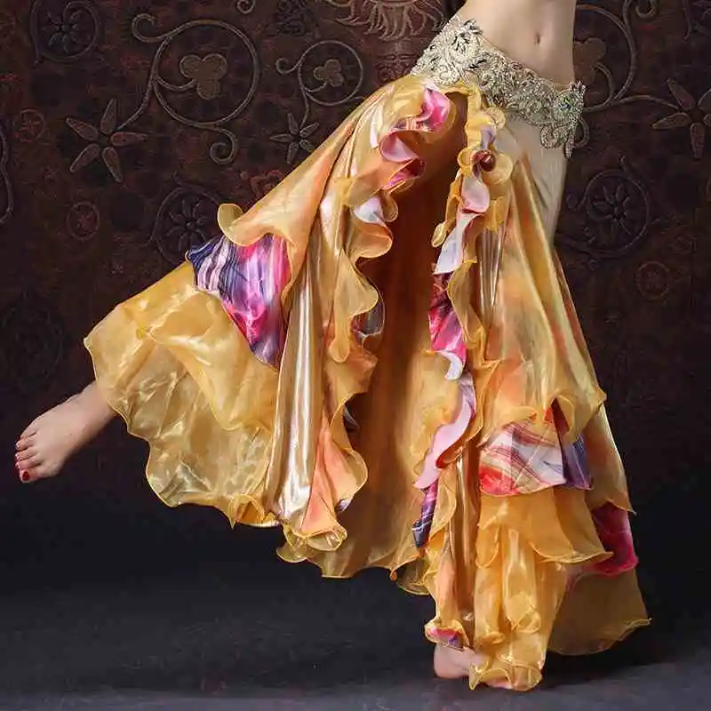 Egyptian Style Bellydance Clothing Long Full Circle Wrapped Skirts Floral Side Slit Women Belly Dance Skirts with Ruffle