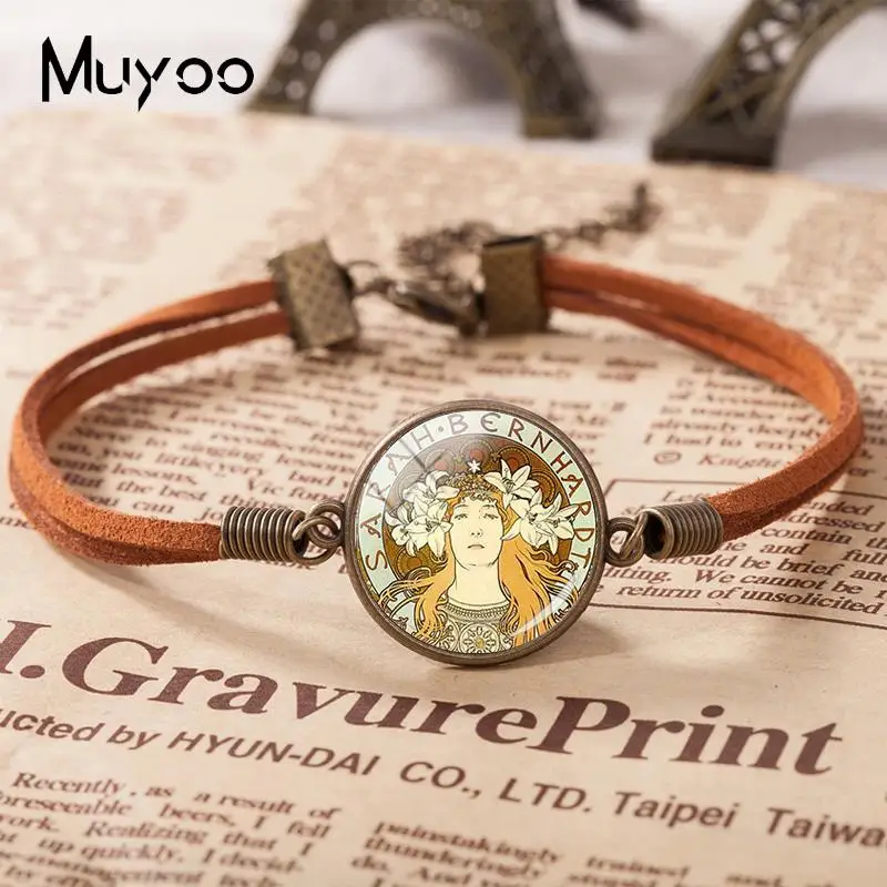 2019 New Alphonse Mucha Leather Bracelet Beautiful Lady Bracelets Glass Dome Cabochon Handmade Jewelry