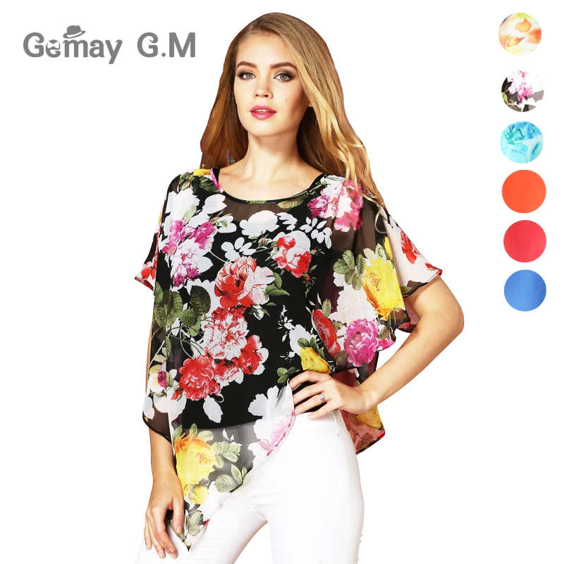 Blusas femininas de chiffon, blusas de chiffon para mulheres, novas camisas casuais de manga curta com estampa floral para mulheres, tops sexy