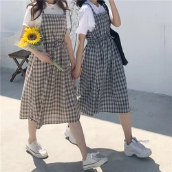 2023 Summer Spaghetti Strap Plaid Dress vita alta senza maniche abito lungo da donna Casual abiti larghi Kawaii Lolita Sundress