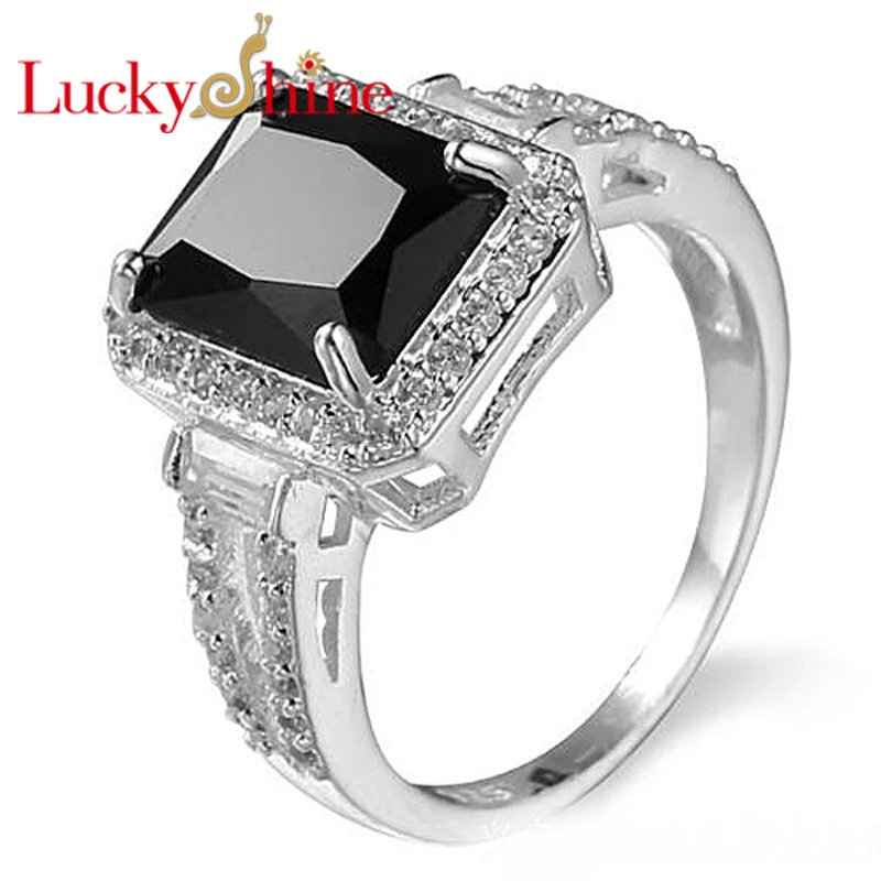 Classic AAAA Fire Square Black Onyx Cubic Zirconia Silver Rings Wedding Rings for Women Party Holiday Christmas Gifts