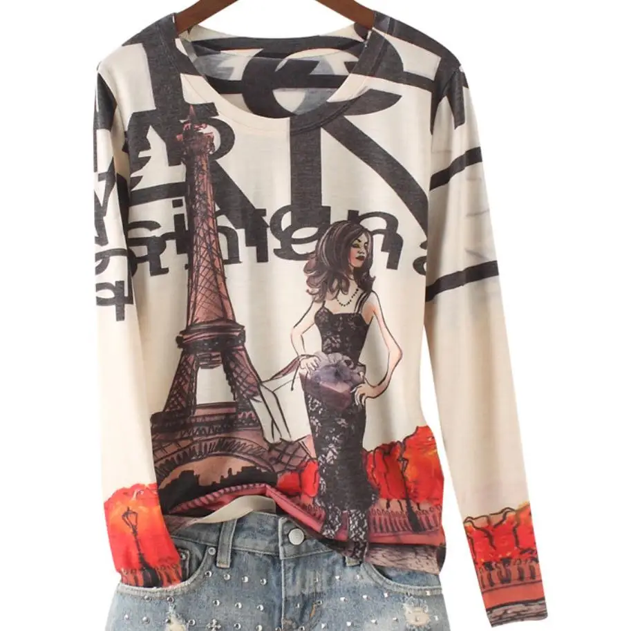 

spring autumn new fashion Eiffel tower printing t-shirt women cotton long sleeve bottoming top tees