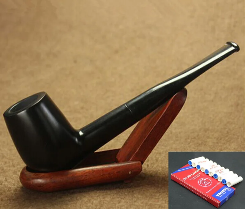 

Straight Handmade Nature Ebony Wood Black Tobacco Smoking Pipe Round Wooden Pipe & Pouch & Stand & 10X 9mm Pipe Filters FT5191