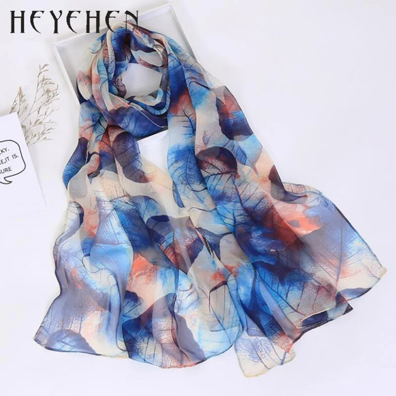 New Design Women Foulard Chiffon Georgette Silk Scarf Green Tree leaf Print Sunscreen Long Shawl Muslim Hijab HY87